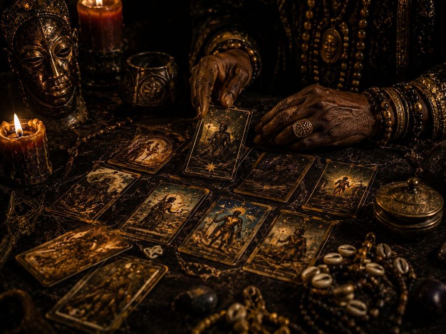 Consultation de voyance par Master Dansira — lecture de tarot africain à la lueur des bougies
